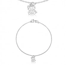 925 ezüst karkötő - medál cica motívummal, fényes ovális láncszemek