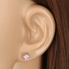Fülbevaló 925 ezüstből - kerek rózsaszín cirkónia foglalatban, bedugós fülbevaló