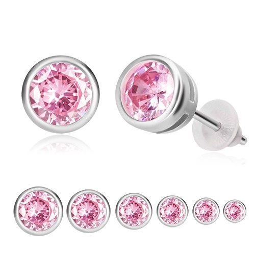 925 ezüst fülbevaló - rózsaszín cirkónia, kerek foglalat, bedugós fülbevaló - Fej: 3 mm
