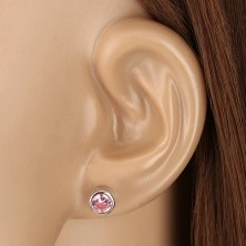925 ezüst fülbevaló - rózsaszín cirkónia, kerek foglalat, bedugós fülbevaló