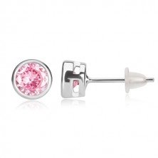 925 ezüst fülbevaló - rózsaszín cirkónia, kerek foglalat, bedugós fülbevaló