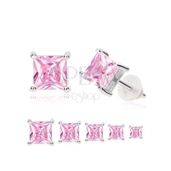 925 ezüst fülbevaló - szögletes rózsaszín cirkónia négyzet alakú foglalatban, bedugós fülbevaló