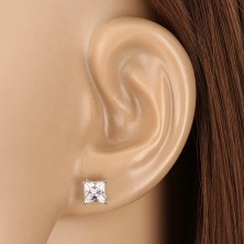 925 ezüst fülbevaló - szögletes cirkónia átlátszó színben, négyzet alakú foglalat, bedugós fülbevaló