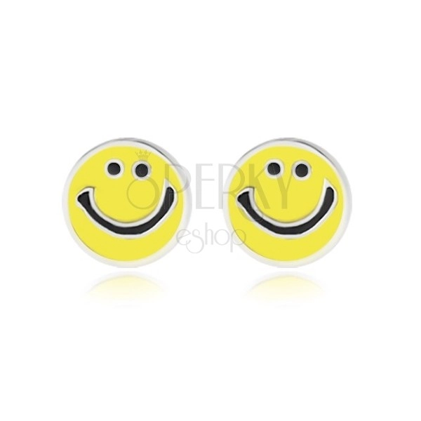 925 ezüst fülbevaló - mosolygó smiley sárga fénymázzal díszítve, bedugós fülbevaló