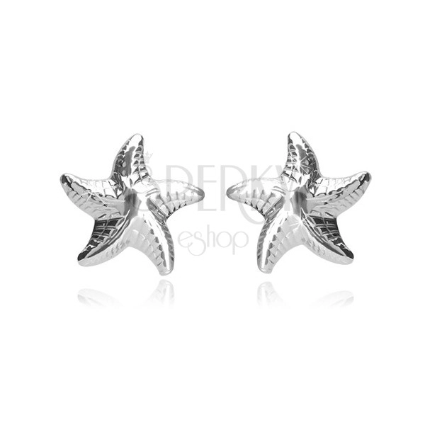 925 ezüst fülbevaló - fényes tengeri csillag öt karral és bemetszésekkel, bedugós fülbevaló