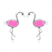 925 ezüst fülbevaló - fényes flamingó rózsaszín szárnnyal, bedugós fülbevaló