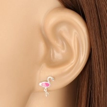 925 ezüst fülbevaló - fényes flamingó rózsaszín szárnnyal, bedugós fülbevaló