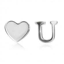 925 ezüst fülbevaló - csillogó szív és U betű, stekkeres zárszerkezet