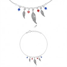 925 ezüst bokalánc - három madártoll, négy gyöngy - piros és kék színben
