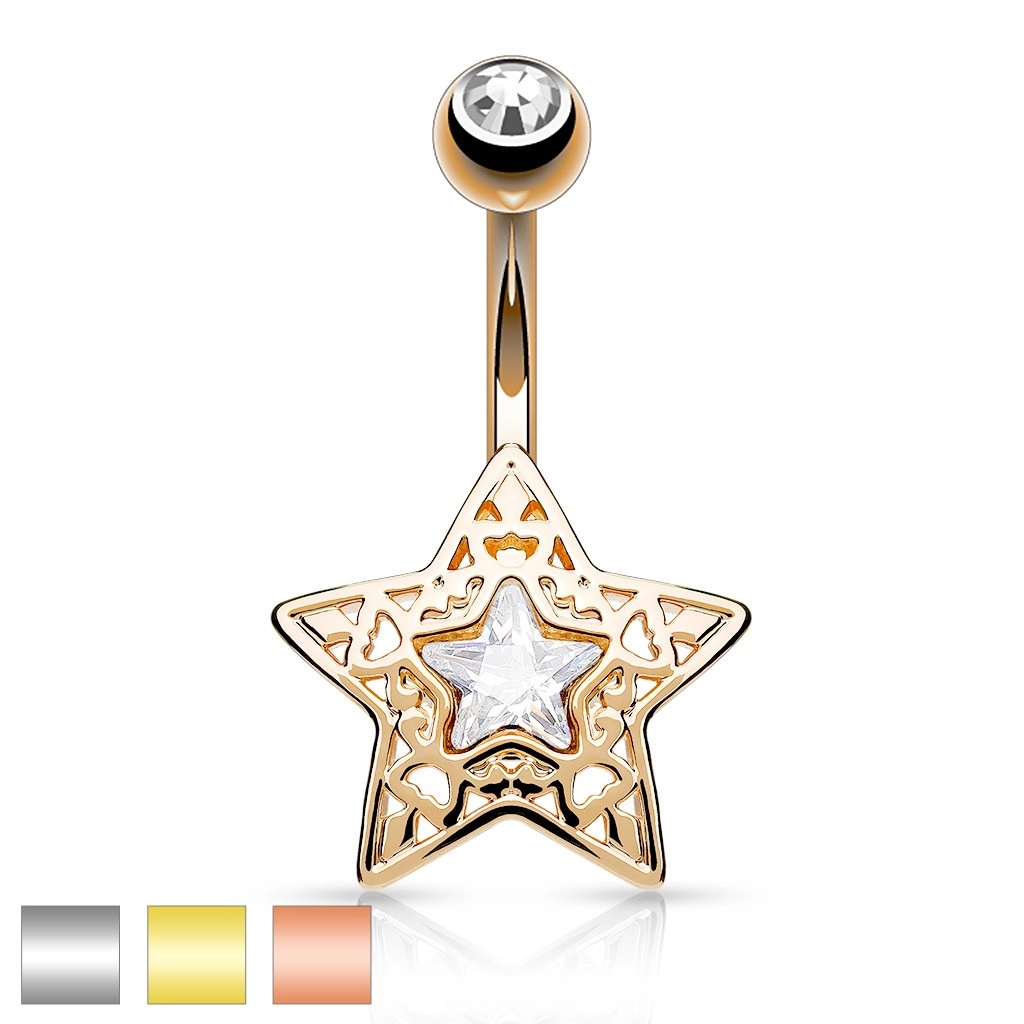 Nemesacél köldök piercing - vésett csillag középen csillogó cirkóniával - A piercing színe: Rézszínű