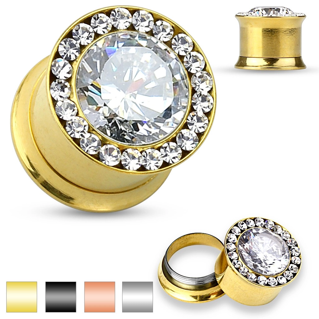 Nemesacél fültágító - kristálytiszta cirkóniakő, apró cirkóniákkal, 6 mm - A piercing színe: Arany