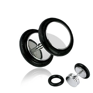 Hamis plug sebészeti acélból - fényes kerek forma, fekete gumigyűrűk, 8 mm - A piercing vastagsága: 1 mm