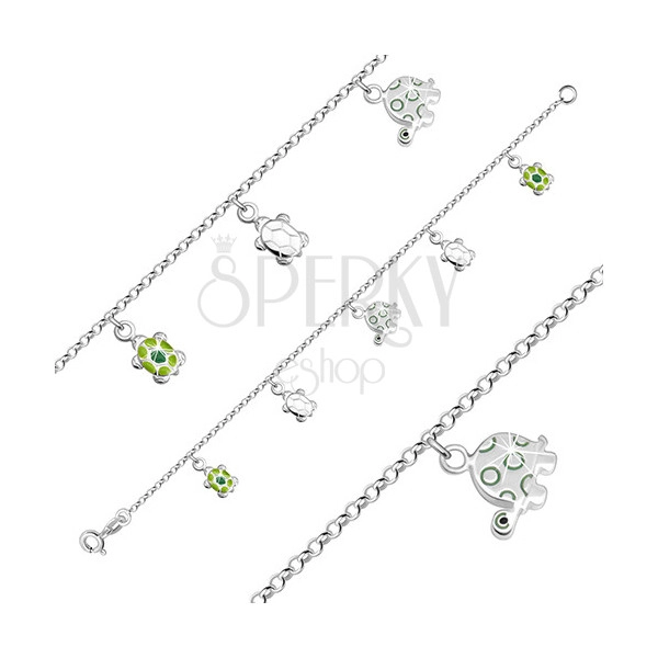 925 ezüst gyerek karkötő - teknősök zöld fénymázzal, kerek láncszemek