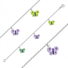 925 ezüst karkötő gyerekeknek - pillangók zöld és lila fénymázzal