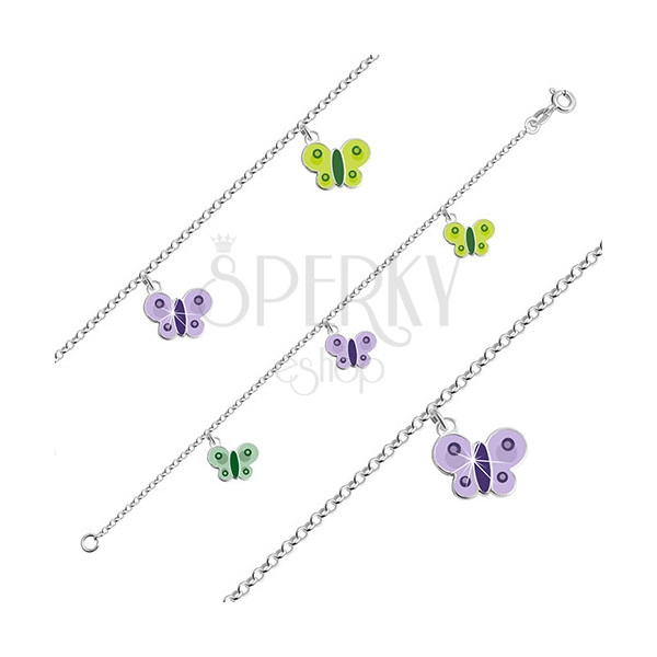 925 ezüst karkötő gyerekeknek - pillangók zöld és lila fénymázzal