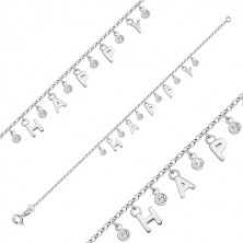 925 ezüst karkötő - betűkből kirakott "HAPPY" felirat, kerek átlátszó cirkóniák