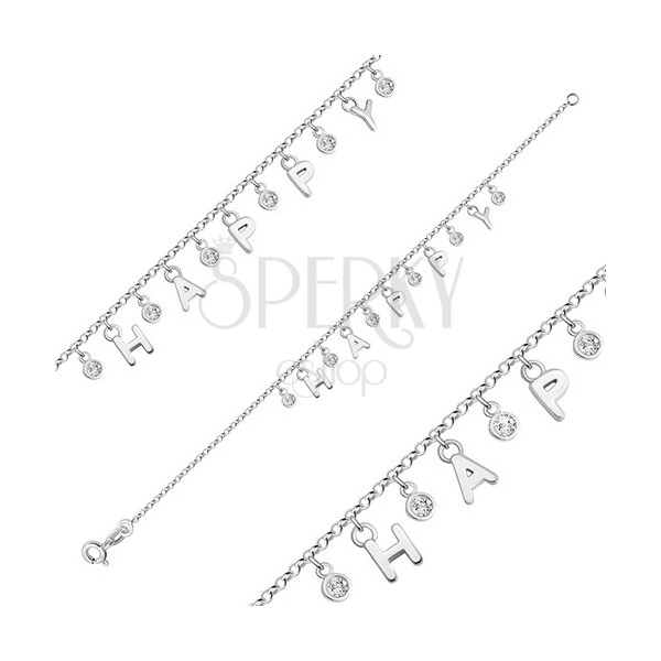 925 ezüst karkötő - betűkből kirakott "HAPPY" felirat, kerek átlátszó cirkóniák
