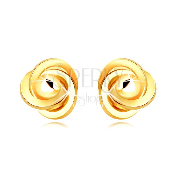 9K arany fülbevaló - három egymásba fonódó gyűrű egy sima golyóval, bedugós fülbevaló
