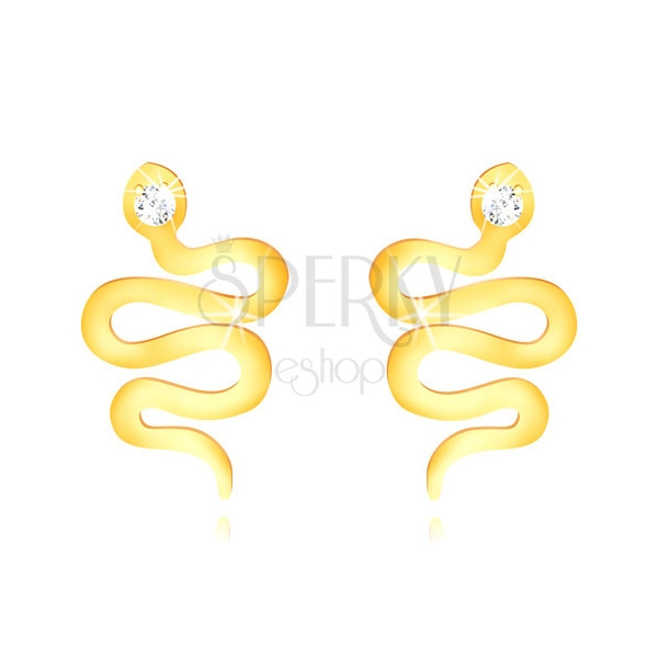375 arany beszúrós fülbevaló - hullámos fényes kígyó cirkónia fejjel