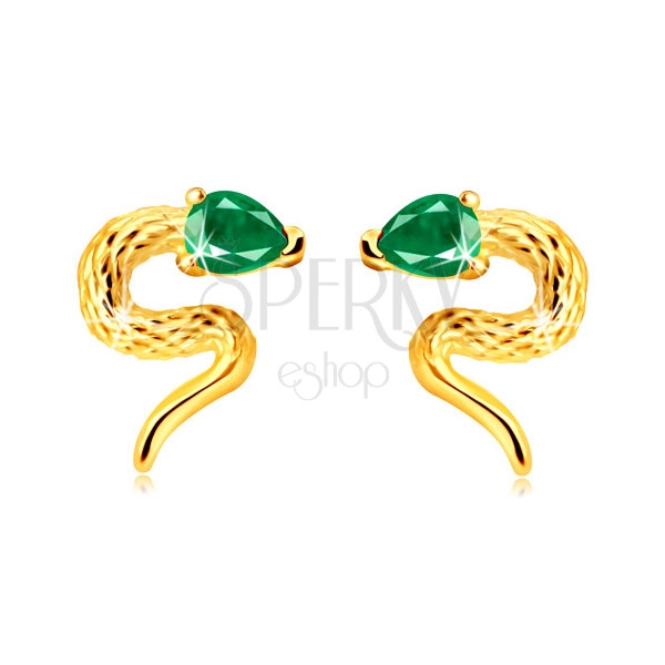 375 arany fülbevaló - csavart kígyó cirkónia fejjel zöld színben, beszúrós fülbevaló
