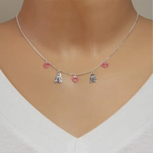 925 ezüst nyaklánc gyerekeknek - szívkörvonalak rózsaszín fénymázzal és fényes macik