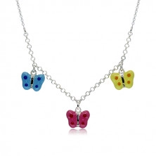 925 ezüst nyaklánc gyerekeknek - pöttyös pillangók kék, rózsaszín és sárga fénymázzal