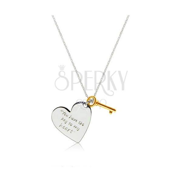 925 ezüst nyaklánc - szív felirattal "You have the key to my heart", kulcs arany színben
