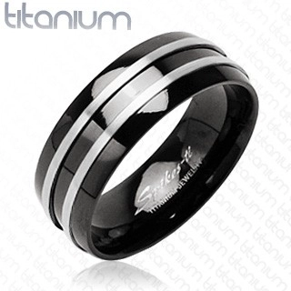 Fekete titánium gyűrű - két ezüst csík - Nagyság: 57