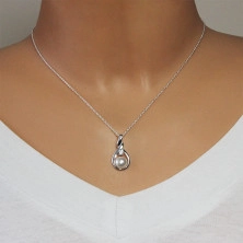 925 ezüst nyaklánc - csavart könny körvonala egy fehér gyönggyel és egy átlátszó cirkóniával középen