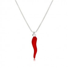 925 ezüst nyaklánc - csilipaprika piros fénymázzal, fényes szögletes lánc