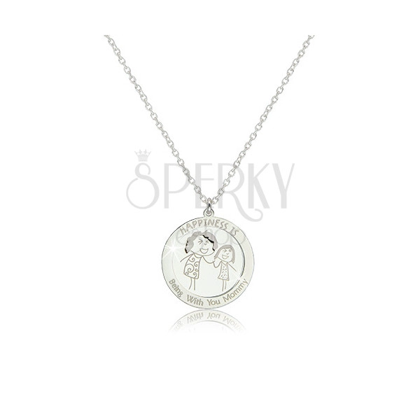 925 ezüst nyaklánc - kerek tábla anyával és lányával és díszes feliratokkal, mozgatható kör körvonal
