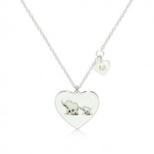 925 ezüst nyaklánc - két fényes szimmetrikus szív elefántokkal és "M" betűvel