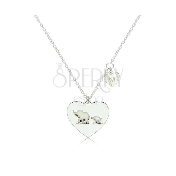 925 ezüst nyaklánc - két fényes szimmetrikus szív elefántokkal és "M" betűvel