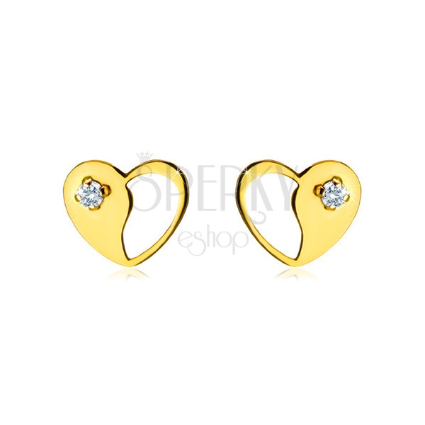 585 arany stekkeres fülbevaló - szimmetrikus szív dekoratív kivágással és egy átlátszó cirkóniával