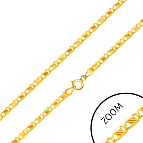 14K sárga arany lánc - ovális láncszemek középen téglalappal díszítve, 450 mm