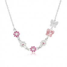 Gyerek nyaklánc 925 ezüstből - virágok rózsaszín és fehér fénymázzal, pillangók szintetikus kristályokból