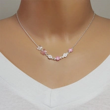 Gyerek nyaklánc 925 ezüstből - virágok rózsaszín és fehér fénymázzal, pillangók szintetikus kristályokból