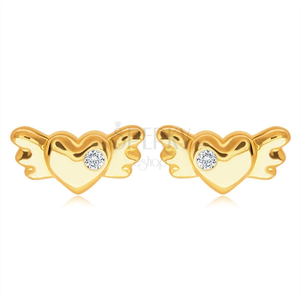 14K arany bedugós fülbevaló - szimmetrikus teli szív szárnyakkal és egy átlátszó cirkóniával