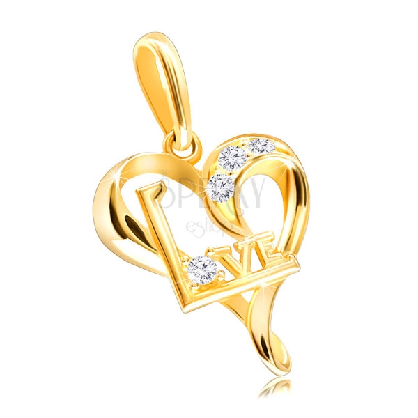 14K sárga arany medál – aszimmetrikus szív cirkóniákkal és egy "Love" felirattal