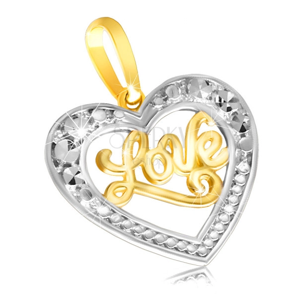 585 arany medál – fényes szabályos szív "Love" felirattal