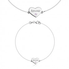 Karkötő 925 ezüstből – szabályos szív "Amour" felirattal és egy rózsaszín cirkóniával