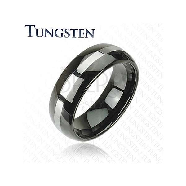 Elegáns wolfram gyűrű - fekete, ezüst csík, 8 mm