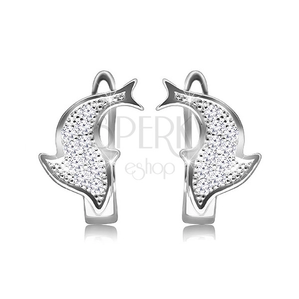Ródiumozott fülbevaló 925 ezüstből – csillogó delfin átlátszó cirkóniákkal díszítve