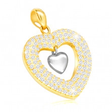 Medál 585 kombinált aranyból - fényes szív és szív körvonal átlátszó cirkóniákkal