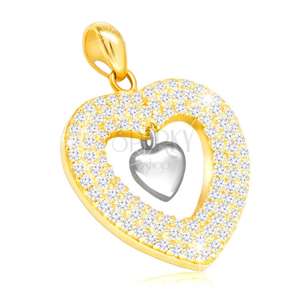 Medál 585 kombinált aranyból - fényes szív és szív körvonal átlátszó cirkóniákkal