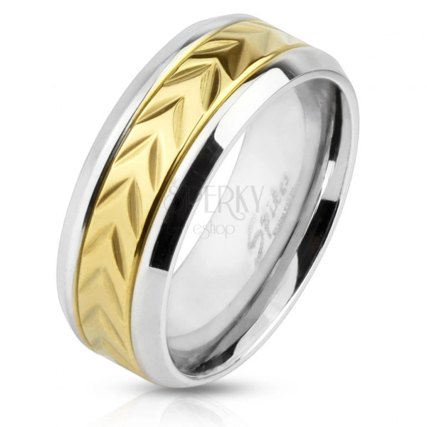 Acél karikagyűrű - sáv bemetszésekkel arany színben, keskeny ezüst színű vonalak az oldalain, 8 mm