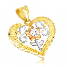 14K sárga arany medál – szimmetrikus szívkörvonal, virág átlátszó cirkóniával, fekvő nyolcas
