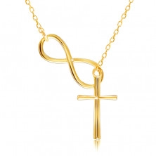 14K arany nyaklánc – végtelenség szimbólum körvonala és egy kereszt