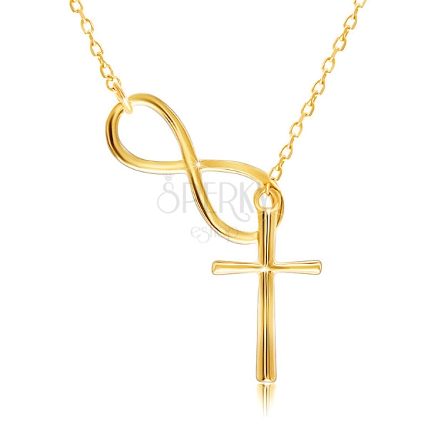 14K arany nyaklánc – végtelenség szimbólum körvonala és egy kereszt