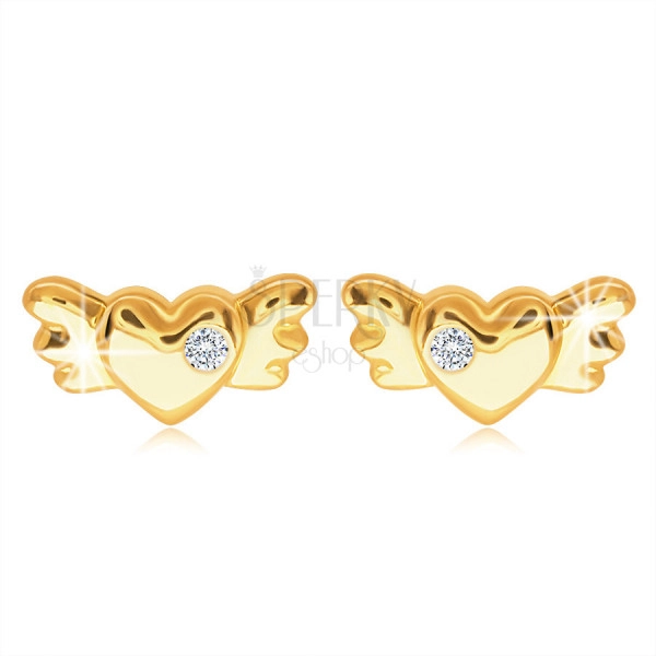 9K arany beszúrós fülbevaló – szimmetrikus teli szív szárnyakkal és egy átlátszó cirkóniával